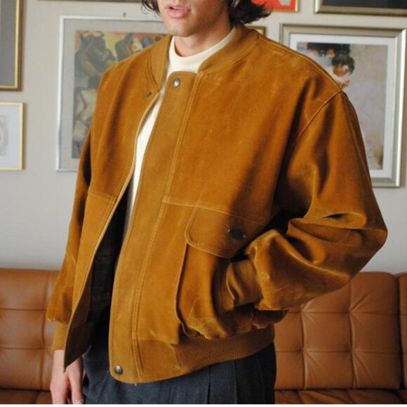 Men's Italian Gruppo V Diffusion Faux Suede Silk Camel Tan Bomber Jacket XL - Picture 1 of 16
